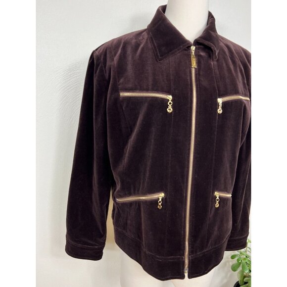 Vintage St. John Sport Womens Brown Velour Gold Zip Up Lined Jacket Sz XL Retro - Picture 2 of 16